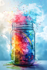 Poster - Whimsical Watercolor Rainbow and Clouds in a Jar - Vibrant Fluid and Splatter Abstract