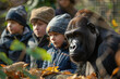 Crazy Fantasy at the City Zoo: A family with children appears unfazed as ang orilla stands casually beside them, while they seem more interested in observing other gorilla in the distance.