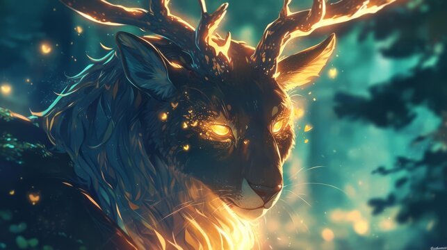 A close portrait of a fantastical catdeer hybrid, with glowing antlers in a twilight forest setting, rendered to capture the magic and serenity of wildlife in art