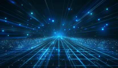 Wall Mural - blue technology background with light rays and glow on dark blue, futuristic illustration of digital