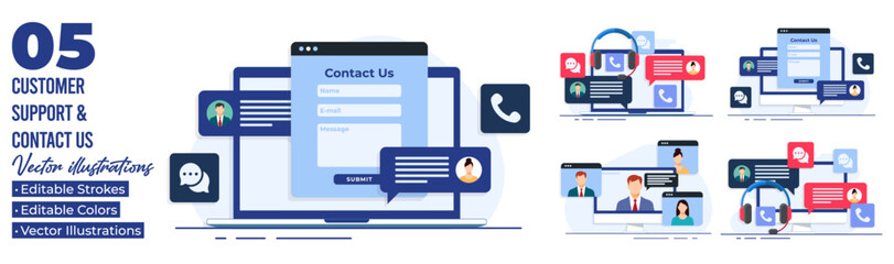 set of flat illustrations of customer support, customer service, online support, help desk, contact 