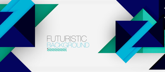 Poster - Electric blue triangles and green rectangles create a futuristic facade on a white background. The font, graphics, and logo blend in with circles and triangles, reflecting a modern brand