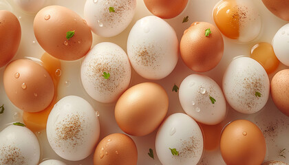 Wall Mural - flat lay of white and brown eggs in water