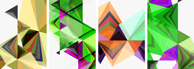 Poster - A creative arts piece featuring a collage of colorful triangles on a white background, showcasing symmetry and magenta tints and shades. A vibrant pattern made from paper craft