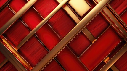 Visualize an abstract composition where luxurious diagonal gold lines elegantly overlap on a vibrant red background