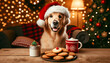 Happy golden retriever wearing a Santa hat sits with a Christmas gift