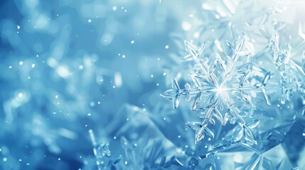 Fototapete - A blue background with low poly white snowflakes, glowing and sparkling in the center of an abstract geometric pattern. The overall tone is cool and soft, creating a dreamy atmosphere.