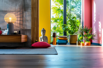 Zen home interiors with natural window light, serene decor an natural elements. Interior design relaxing composition.