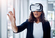 © peopleimages.com - Virtual reality, technology and business woman with digital glasses for webinar, conference and presentation in metaverse for corporate career. Futuristic, fantasy simulation and lawyer in office