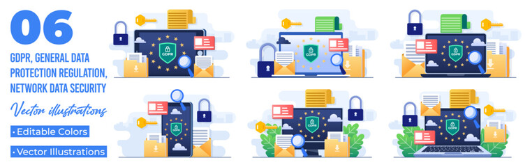 Set of flat illustrations of GDPR, General Data Protection Regulation, Network data security, Confidential data protection, Web security, Cyber security technology