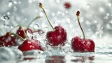 Sweet cherries tossed into a pool of water, their deep red hues creating dramatic splashes that dance and twirl against a pristine white surface.
