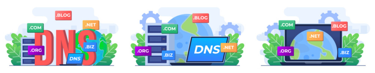 Set of modern flat illustrations of  domain name system concepts, DNS, Website domain name, Internet or cyberspace, Domain registration web page, Choose, find, buy, register website domain name