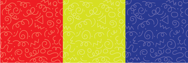Poster - Set of fun colorful line doodle seamless pattern. Creative abstract art background collection for children or festive celebration design.  Simple childish scribble backdrop. Vector illustration eps10.