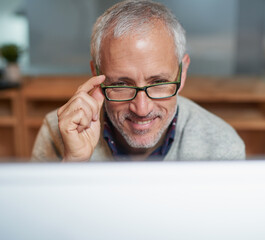 Poster - Happy businessman, computer and thinking in workplace for research, career and email for communication. Male ceo, brainstorming and smile online for reading, company development and planning project