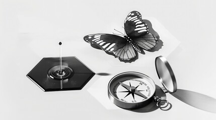 Wall Mural - Stark scene of a liquid drop and its hexagonal shadow, with a reflective butterfly and a minimalist compass.