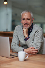 Poster - Portrait, businessman and laptop in office with smile, coffee and working at night for project. Happy, corporate and senior male person in workplace for online, email and commitment to company