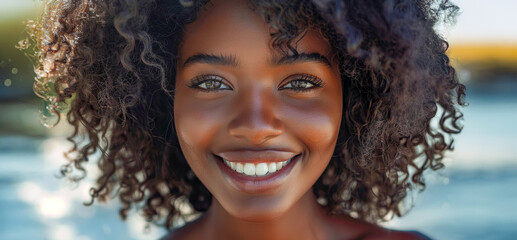 Sticker - A woman with curly hair is smiling and looking at the camera