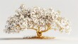 A minimalist artistic representation of a golden tree, its branches laden with pure white flowers, isolated on a white background. 