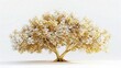 An elegant depiction of a golden tree with cascading white flowers, each branch shimmering against a stark white background. 