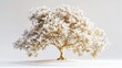 A majestic golden tree with delicate white flowers, each petal perfectly formed, isolated on a pure white background.