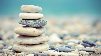   A stack of rocks on a sandy beach against a backdrop of a clear blue sky