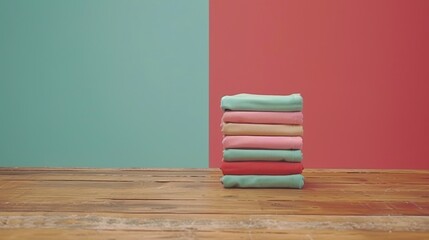Wall Mural -   A stack of towels, folded neatly, sits atop a wooden floor Nearby, a pink and blue wall contrasts with a green and red one