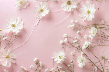 Wall Mural - White Cosmos Flowers on Pink Pastel Background