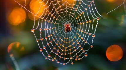   A tight shot of a spider web, adorned with dewdrops, and obscured lights in the backdrop