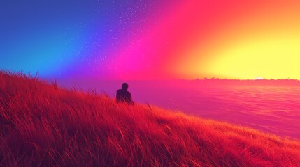 Wall Mural -   Person on grass-topped hill beneath rainbow, star-filled backdrop sky