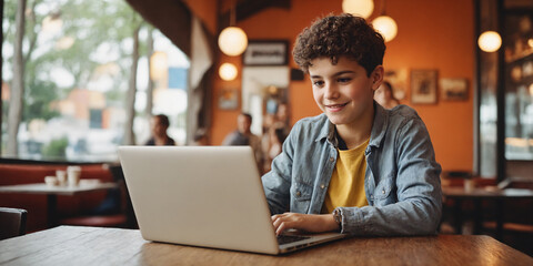 teenage boy using laptop at evening in cafe. a young boy sitting in front of a laptop computer looki