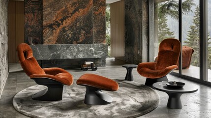 Wall Mural -   A livable space boasts a pair of orange chairs arranged around a coffee table Beyond, a vast window frames the captivating outdoors view