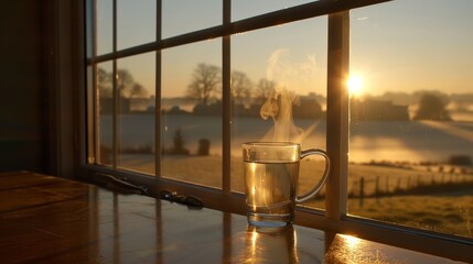 Wall Mural -   A cup of coffee on the windowsill facing a field view