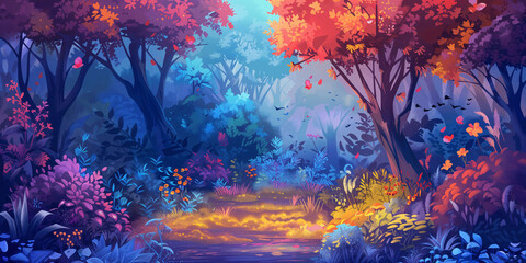 Wall Mural - Fantasy Mysterious Tropical Forest Landscape Background Panorama Concept Drawing image HD Print Neo Game Art V11 20