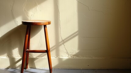 Wall Mural -   A wooden stool adjacent to a wall, casting shadows of a chair on each side