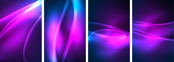 Poster - A vibrant display of colorfulness featuring four waves in shades of purple, violet, magenta, and electric blue on a dark background, showcasing symmetry and pattern