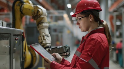 Canvas Print - A female engineer in a red hard hat programming an industrial robot arm via a tablet