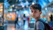 The picture of the middle eastern male child is traveling to the science museum or exhibition with curiosity to learning for education and research for the scientific information exploration. AIG43.