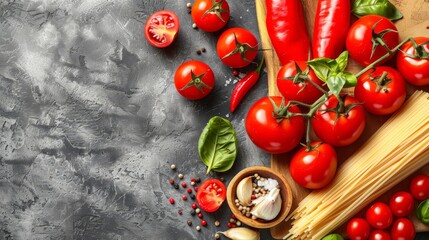 Wall Mural -   A selection of tomatoes, pasta, and various vegetables is arranged against a gray backdrop, allowing text to be inserted