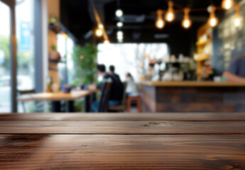 Wall Mural - cafe kitchen table background, wood counter top on blur of white clean abstract home interior with bokeh. used for display or montage your wooden for dining background. tabl banner, podium