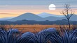   A landscape painting featuring mountains as a backdrop, grass in the foreground, and a full moon in the distance