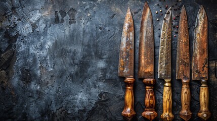   A collection of knives aligned on a wooden table, with a knife sharpener nearby