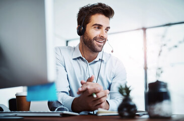 Aufkleber - Listen, advisor or businessman in telemarketing call center consulting or communication for loan advice. Finance, customer support or virtual assistant talking on computer online on headset in office