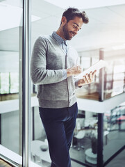 Poster - Smile, reading and businessman in office with tablet for contact, communication and work for corporate career. App, professional and broker with technology for internet in workspace or agency