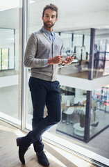 Poster - Confidence, portrait and businessman with cellphone for contact, communication and working in job for corporate career. Serious, office worker and broker with technology for internet in workspace