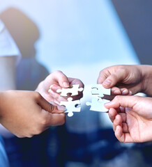 Aufkleber - Puzzle, hands and collaboration for meeting, solidarity and support for team building. Together, diversity and partnership for global community, integration and connect for synergy, unity and trust