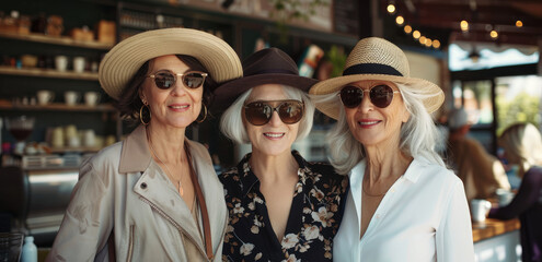 Wall Mural - Three beautiful elderly women wearing stylish hats and sunglasses sit at an outdoor cafe table, smiling for the camera while sipping coffee in summer outfits