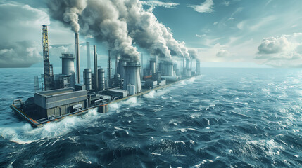 A blue ocean with a large industrial plant in the background. The plant is emitting smoke, giving the scene a somewhat ominous and industrial feel