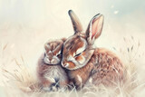 Fototapeta Londyn - water color of baby rabbits in a nature, illustration painting.