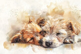 Fototapeta Londyn - water color of baby dogs in a nature, illustration painting.