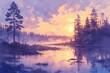 Dusk at the lake, watercolor, trees silhouette, soft pastel sky, calm waters, panoramic view , illustration style